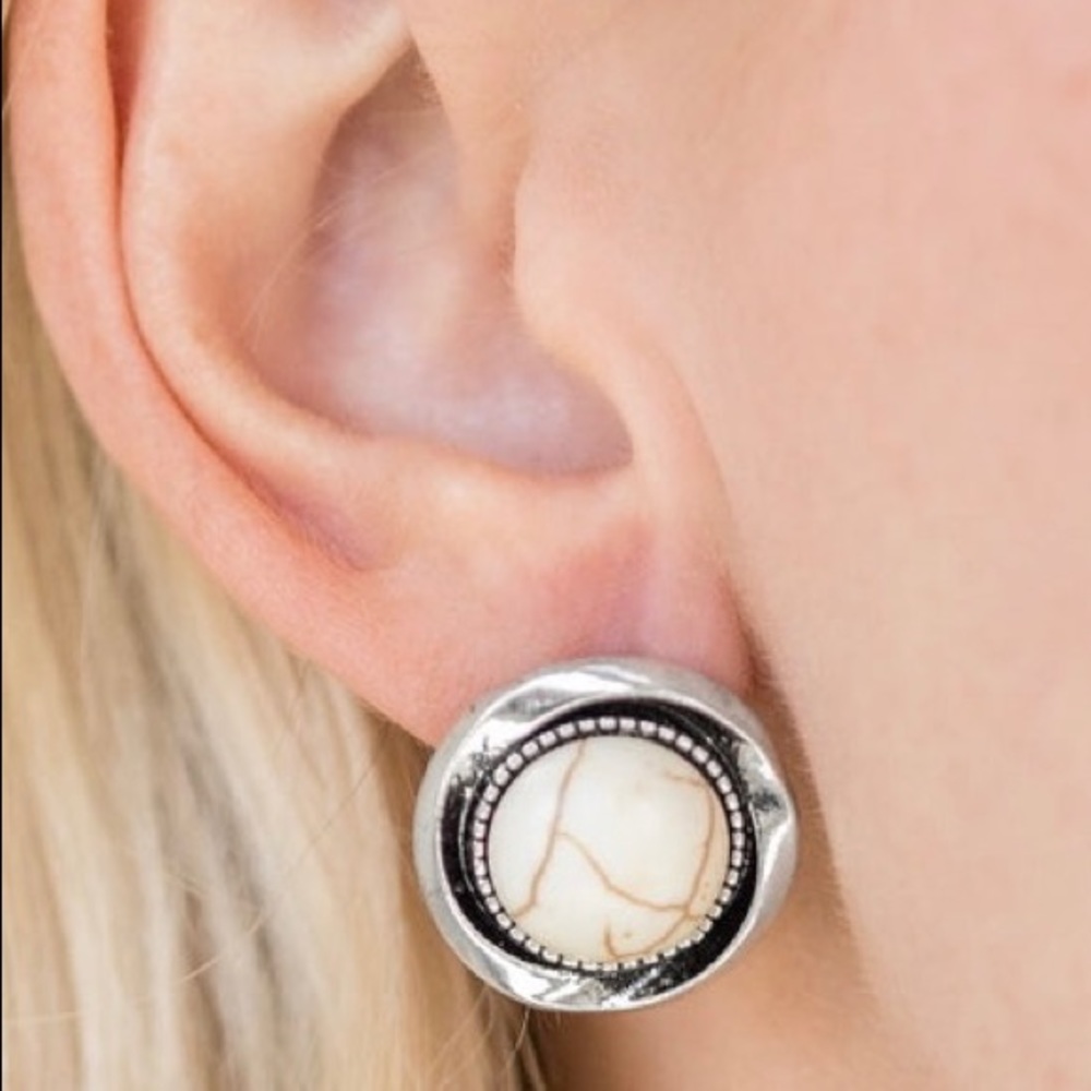 Silver cream marble stud earrings